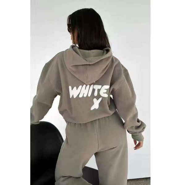 WF-femmes lettre imprimer 2 pièces tenues FOX col bénitier longue noir blanc manches sweat et pantalon ensemble survêtement A2 GRE4