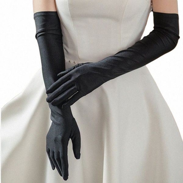 WG068 Mariage De Mariée Gants De Doigt Noir Complet Lg Satin Mariées Demoiselle D'honneur Soirée De Bal Gants Femmes Accories j8h7 #