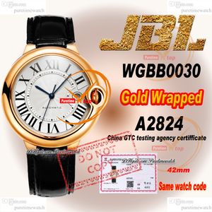 WGBB0030 A2824 Automatische heren Watch JBLF 42 mm gewikkeld 18K Rose Gold Case Silver Roman Dial Black Croc Strap Super Edition Eta Reloj Hombre Watches Puretime Ptcar