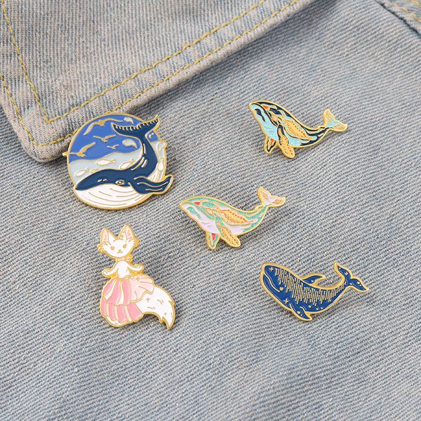 Ballena delfín animal marino esmalte Pins gaviota sombrero mochilas ropa Metal insignia solapa broche joyería regalo al por mayor