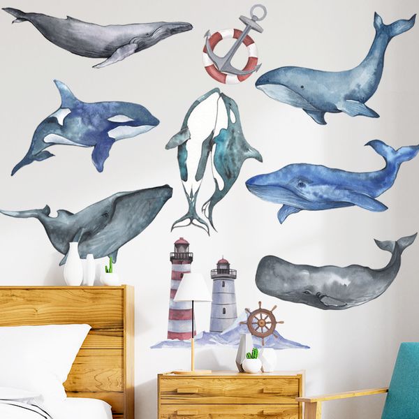 Delfín ballena pegatinas de pared para la habitación de los niños dormitorio de jardín de infantes respetuoso del medio ambiente vinilo ancla pared calcomanías arte DIY decoración del hogar 201130