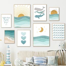Whale Seagull Sun Moon Ocean Beach Waves Citation Nursery Wall Art Canvas Painting Affiches et imprimés Pictures de mur Décor de chambre d'enfants