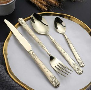 Tarwe oor bloem goud keuken servies set bestek roestvrij staal luxe serviesvork lepel mes westerse diner sets