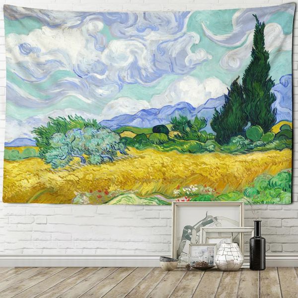 Tapisserie de champ de blé et de cyprès Van Gogh, paysage, salon, fond de maison, décoration murale en tissu suspendue, TAPIZ 240127