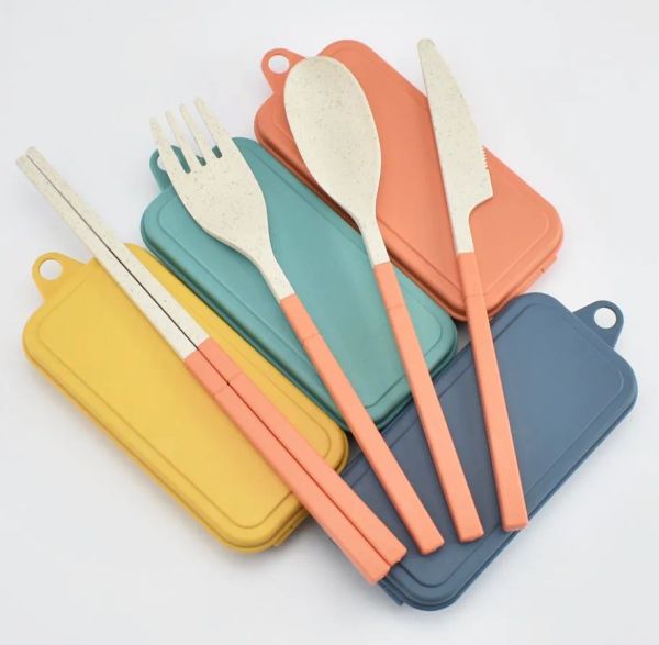 Ensemble de couverts pliants en paille de blé pour enfants, couteau, fourchette, cuillère, baguettes, Kits de vaisselle portables, ensemble de couverts pour voyage Camping BJ