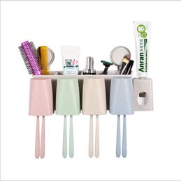 Tarwe stro tandenborstelhouder set, automatische tandpasta dispenser wandgemonteerde anti-stof gorgete cups multi-rooster met sticker voor badkamer