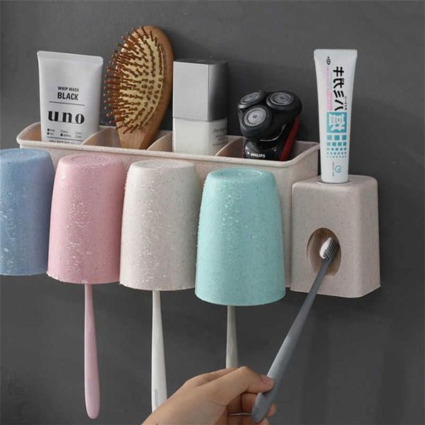 Porte-brosse à dents en paille de blé, distributeur automatique de dentifrice mural, porte-presse-dentifrice en plastique, ensemble de gobelets de toilettes X0280o