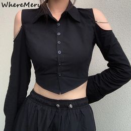 WhereMery OL Sexy épaules dénudées chemisier noir col polo bouton Cardigan culture hauts femmes Occasions formelles à manches longues vêtements minces 240322