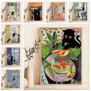 Peinture sur toile de chat noir fantaisiste, Art mural nordique abstrait Matisse, affiches et imprimés, images murales pour salon, chambre à coucher, décor Wo6