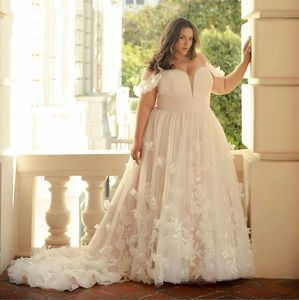 Grillige plus size Tulle Ballgown Trouwjurk 3D Bloem Appliqued Bride-jurken Off-The-Shoulder Bridal Jurk Vestidos de Novi