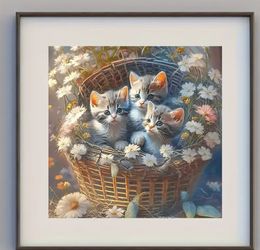 Whisker Wonders : charmant trio de chatons dans un panier - Kit de peinture diamant 5D - Foret complet pour les amateurs de chats - Décoration d'intérieur