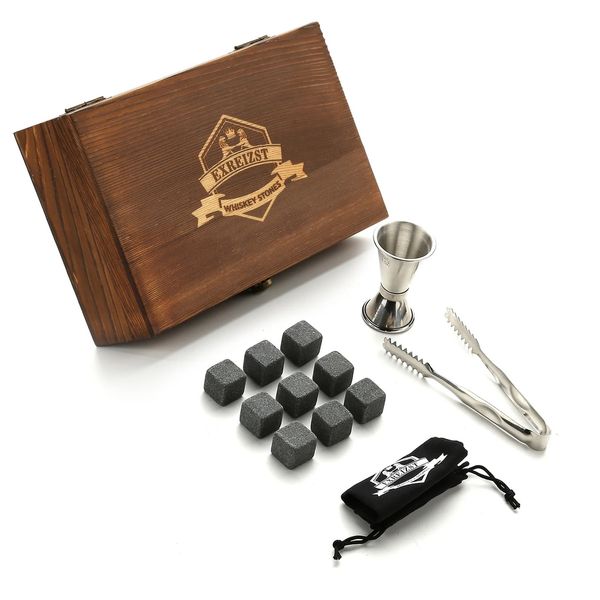 Ensemble cadeau Whisky Stones 9 Granite Chilling Stones Rocks Whisky Rocks Réutilisables Cubles de glace avec des cadeaux de boisson Jigger pour les hommes 240417