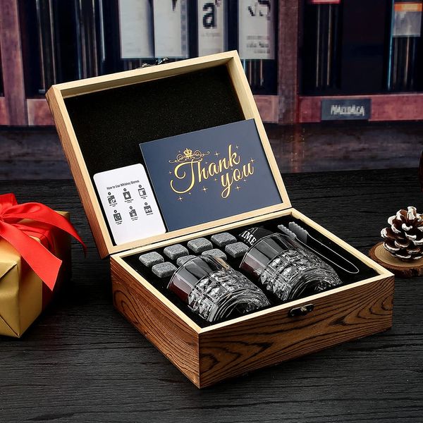 Juego de regalos de gafas de whisky Stones, bolsa de terciopelo para beber whisky o ginebra escocesa, caja de madera presente para Navidad/cumpleaños