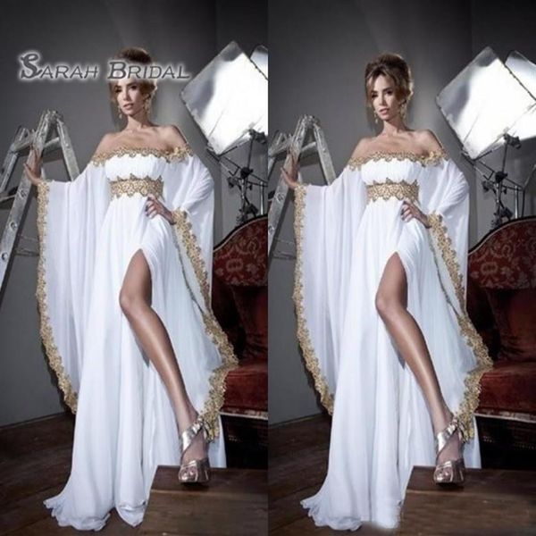 Blanc 2020 Vintage hors épaule saoudien arabe manches longues robe de bal une ligne dentelle formelle sur mesure grande taille fête robes de soirée302D