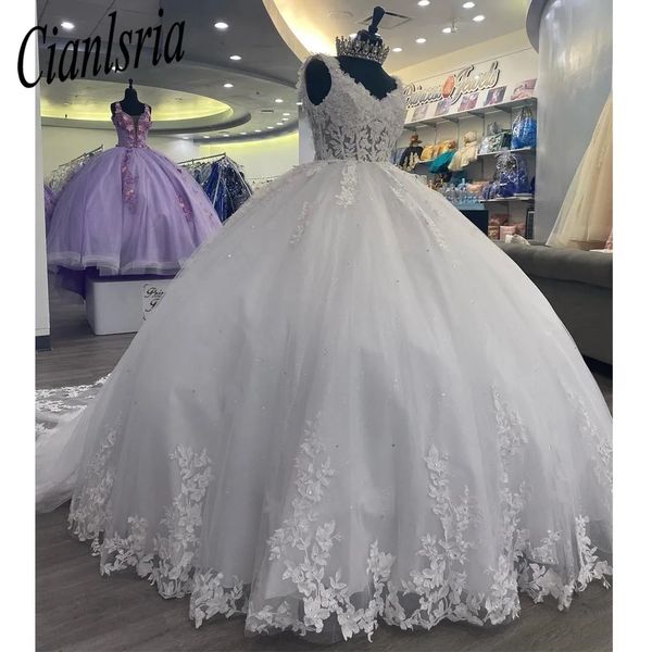 Robes de Quinceanera à fleurs blanches 3D, chérie, épaules dénudées, princesse douce de 15 à 16 ans, robe de bal d'anniversaire, dos nu, cadeau de gala, 2024