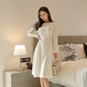 Blanc une ligne robe coréenne dames été à manches longues col rond Sexy bureau fête robes mi-longues pour femmes vêtements 210602