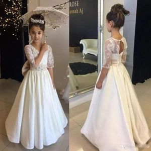 Blanco Una línea Vestidos de niña de las flores para bodas Cuello de joya Media manga Vestido de desfile de niñas pequeñas para adolescentes Espalda abierta Vestidos de comunión sagrada