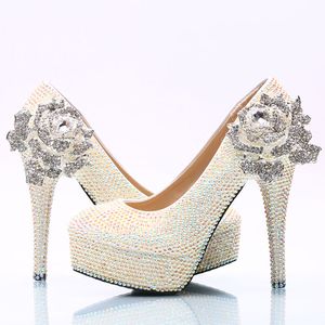 Blanc AB cristal chaussures de mariage mousseux strass robe de mariée chaussures grande taille plate-forme chaussures à talons hauts cendrillon pompes de bal