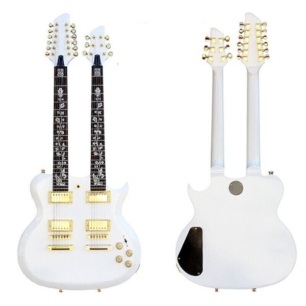 Guitarra eléctrica Acepro de doble cuello, tapa tallada con incrustaciones de tallo personalizadas de abulón, color blanco