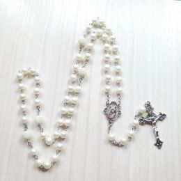 Witte acryl parel lange katholieke 14K witgouden ketting kruis hanger rozenkrans ketting religieuze sieraden