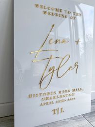 Wit acryl trouwbord met 3D Mirror Gold Namen Bruiloft Welkom Bekleding Betrokkenheid Modern Wedding Sign 3d Welcome Signage 240429
