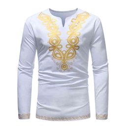 Wit Afrikaans Dashiki Print T -shirt Men 2022 Herfst nieuwe streetwear Casual Afrikaanse kleding Slim Fit Lange Mouw Camisa Masculina L220704