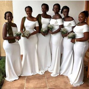 Wit Afrikaanse zeemeermin bruidsmeisje jurken 2021 korte mouw satijnen avond prom jurk formele bruiloft gasten jurk bruidsmeisje van eer jurken Al6676