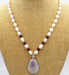 collier de perles de culture d'akoya blanc grenat rubis pendentif en cristal placage d'or 18