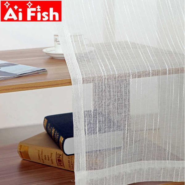 Blanc All-Match Linen Stripe Windows Screens Panneaux transparents rideaux pour le salon Balcon de chambre moderne Custom WP039-30 210712