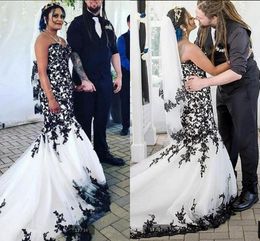 Witte en 2021 zwarte jurken zeemeermin sweetheart halslijn sweep trein tule kant applique op maat gemaakte bruiloft bruidsjurk vestidos