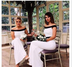 Vestidos de invitados de boda de satén blanco y negro Sirena 2020 fuera del hombro Vestido de fiesta de noche elegante formal para vestidos de dama de honor Vestidos