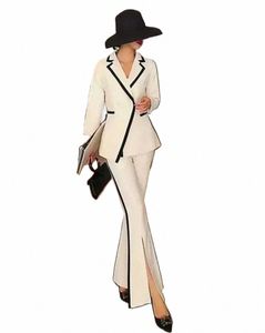 witte en zwarte vrouwen pak twee stukken blazer + split flare broek patchwork kleur elegante kantoor dame jas op maat gemaakte set G3LP #