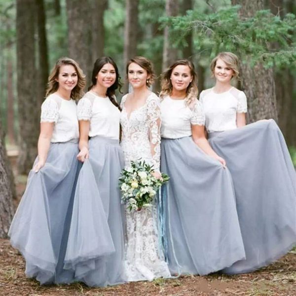 Robes de demoiselle d'honneur blanches et bleues Une ligne bijou cou étage longueur tulle dentelle manches courtes sur mesure plus la taille pays plage mariage demoiselle d'honneur robe vestidos