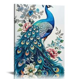 Toile de paon florale blanche et bleue Art Art esthétique Paacocks Lovers Picture Mur décor de paon Impressions de paon