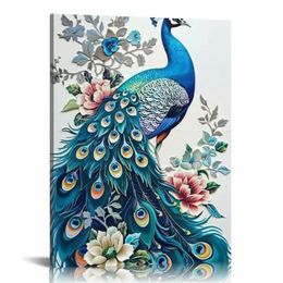 Witte en blauwe bloemenpauw canvas Wall Art Aesthetic Peacocks Lovers Picture Wall Decor Peacock Prints Modern Artwork for Home Living Room slaapkamer badkamer badkamer