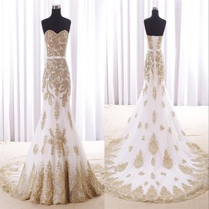 Witte en gouden kanten zeemeermin trouwjurken jurk Real Po Sweetheart Court Train Corset Back Luxury Designer264u