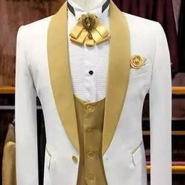 Witte en gouden bruiloft smoking voor bruidegomsmannen met sjaal revers rokende mannen pakken 3 -delige mannelijke mode set jas vest en broek