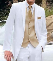 Esmoquin de boda blanco y dorado para hombre, último Blazer, 3 piezas, solapa con muescas, trajes de hombre personalizados, chaqueta, pantalones, Vest2209052, 2019