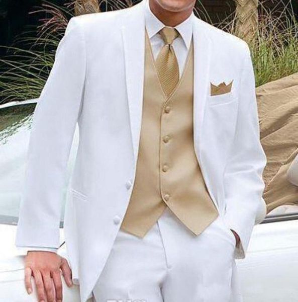Witte en Gouden Bruiloft Smoking voor Mannen 2019 Nieuwste Blazer 3 Stuk Notched Revers Custom Man Suits Jas Broek Vest8571247