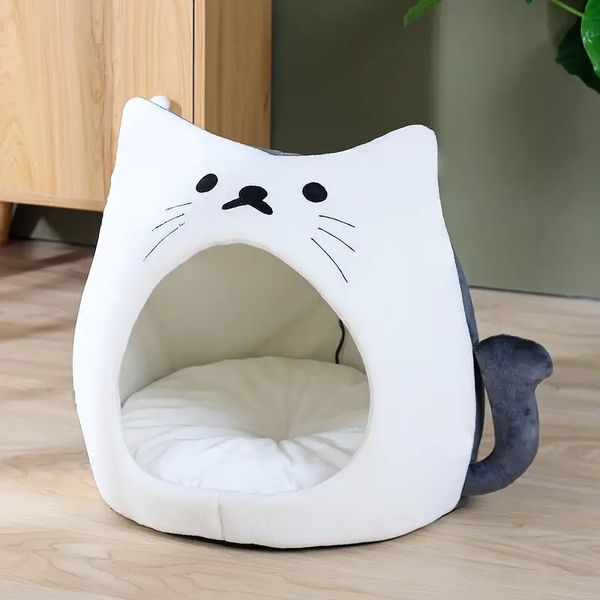 Nido de mascotas con forma de gato blanco y gris para perros y gatos, camas para perros y gatos