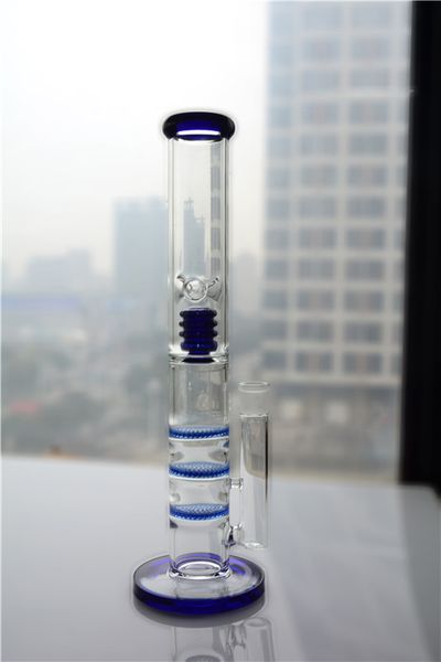 Pipas de agua rectas Tube Bong Triple Fliter Perc Reciclador de vidrio grueso Tall Bong Base azul con soporte para hielo Glass Water Bong Envío gratis