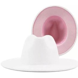 Chapeaux Fedora en feutre de fausse laine à large bord pour femmes et hommes, Patchwork blanc et rose, unisexe, haut Vintage, chapeau de Cowboy, Jazz Party, Cap2555