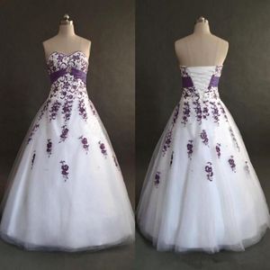 Elegant White and Purple Applique A-Line Tulle Wedding Dress