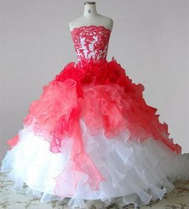 Wit en rood lange bloem meisje jurken strapless kant ruches organza baljurk meisjes verjaardagspartij jurken aangepaste grootte