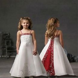 Vestidos de niña de satén blanca y roja para correas de espagueti de boda bordado de encaje para niños fiesta de cumpleaños de la primera comunión.