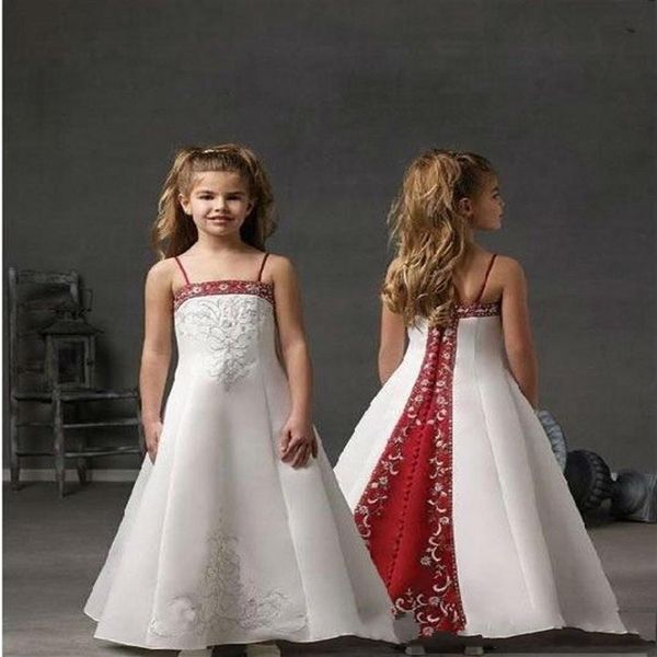 Vestidos de niña de satén blanca y roja para correas de espagueti de boda bordado de encaje para niños Fiesta de cumpleaños de la primera comunión una línea de la niña