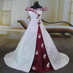 Robes de mariée Vintage blanc et rouge 2021 épaule dénudée Applique Satin a-ligne robe de bal de mariée vestido de noiva209m