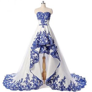 Blanc et Bleu Royal Dentelle Appliques Haut Bas Robes De Mariée Chérie Sans Manches Court Devant Long Dos Organza Robes De Mariée High292q