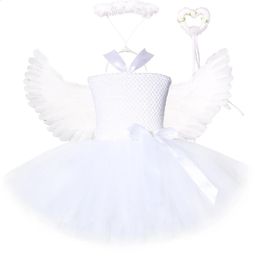 Disfraz de tutú de ángel blanco para niñas Princesa Fairy Cosplay Vestido con alas Caderas de Halloween atuendo de ropa para niñas 114y 240326