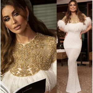 Wit Arabisch Aso Ebi Mermid Prom Dresses kristallen Feather Evening Formeel feest tweede receptie verjaardag verlovingsjurken jurk zj